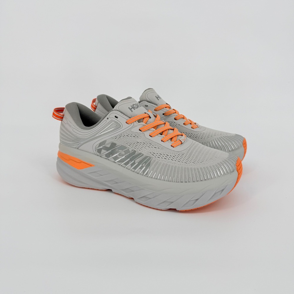 Hoka Bondi 7 Running Shoes Womens 9.5 Mens 8.5 Grey Orange Athletic Gym Workout